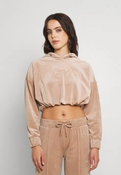 Karl Kani SMALL SIGNATURE CROP VELVET HOODIE - Kapuzenpullover - Dark Sand, Damen